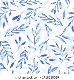 Vector Blue Gouache Textured Leaves with Shadow Seamless Pattern