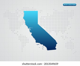 Vector Blue Gradient Of California Map On World Dot Map Background.