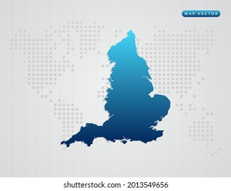 Vector blue gradient of England map on world dot map background.