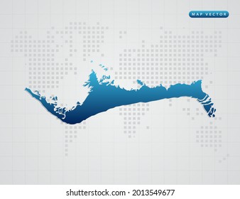 Vektorblauer Farbverlauf von Grand Bahama Karte auf Weltdot-Hintergrund.