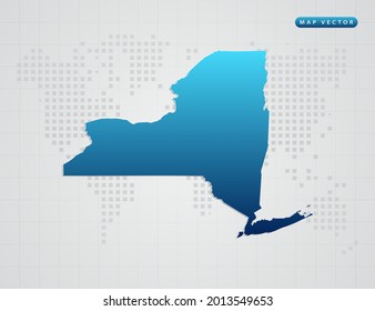 Vector blue gradient of New York map on world dot map background.