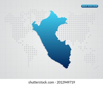 Vector blue gradient of Peru map on world dot map background.