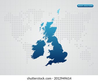 Gradiente azul vectorial del Reino Unido (Reino Unido) en el fondo del mapa de puntos del mundo.