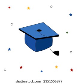 Vector Blue graduation student cap isolated on white. Modern illustration with black outline. Traditional school Design element for card, banner, sticker, cover, postcard, icon, poster, web.