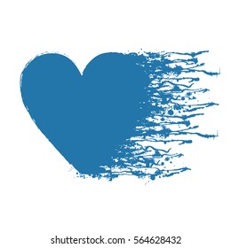 Vector blue graphic grunge illustration of heart sign with ink blot, brush strokes, drops isolated on the white background. Series of artistic illustration with splash, blots and brush strokes
