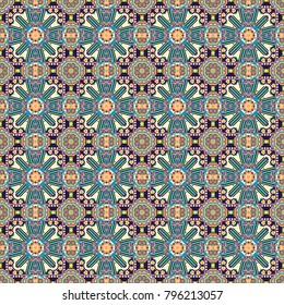 Vector blue, gray and beige ethnic floral seamless pattern. Abstract Mandalas ornamental pattern.
