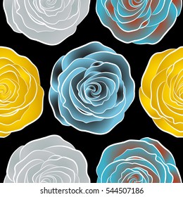 Vector blue, gray and yellow rose flowers seamless pattern.