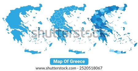 Vector Blue Greece political maps with borders regions simple flat illustration set 