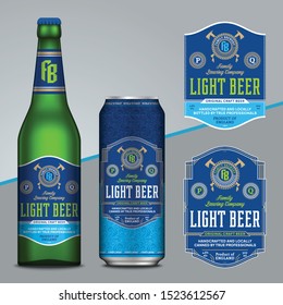 Vector blue and green beer labels. Realistic aluminum can and glass bottle mockups. Brewing company branding and identity design elements