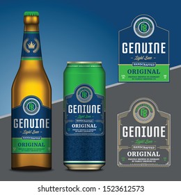 Vector blue and green beer labels. Realistic aluminum can and glass bottle mockups. Brewing company branding and identity design elements