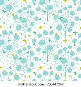 Vector blue green blooming trees and flying butterflies seamless repeat pattern background. Great for fabric, wallpaper, wrapping paper, wedding invitations design.