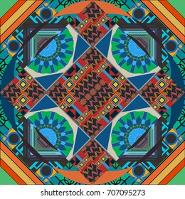 Vector blue, green and brown seamless background pattern with rhombuses.