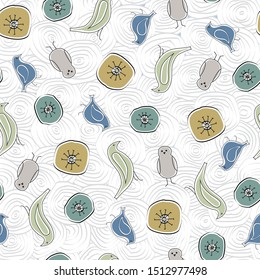 Vector Blue Green Brown Yellow Birds and Flowers on White Background Seamless Repeat Pattern