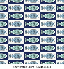 Vector Blue and Green Fish on White and Blue Squares Seamless Repeat Pattern. Background for textiles, cards, manufacturing, wallpapers, print, gift wrap and scrapbooking.