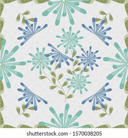 Vector Blue Green Flowers with Leaves on a Light Gray Background. Background for textiles, cards, manufacturing, wallpapers, print, gift wrap and scrapbooking.
