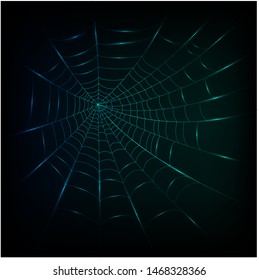 Vector blue green glowing spiderweb on a dark background.