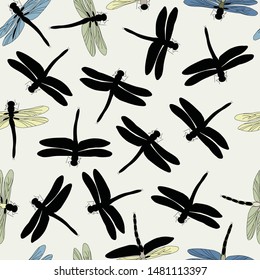 Vector Blue Green Gold Brown Dragonflies on Beige Seamless Repeat Pattern