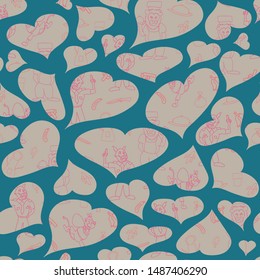 Vector blue green hearts anthropomorphic cartoon characters seamless pattern background