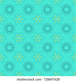 Vector blue, green and neutral simple mandala optical illusion, psychedelic trippy abstract seamless pattern texture. Vector illustration.