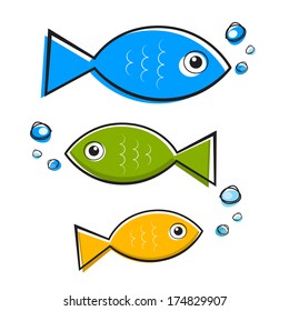 Vector Blue, Green and Orange Fish Illustration With Bubbles