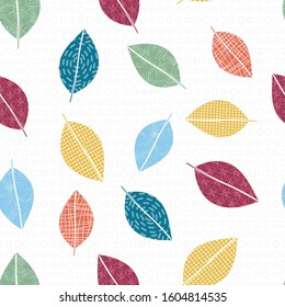 Vector Blue Green Orange Yellow Red Leaves Scattered on White Background. Seamless Repeat Pattern. Background for textiles, cards, manufacturing, wallpapers, print, gift wrap and scrapbooking.