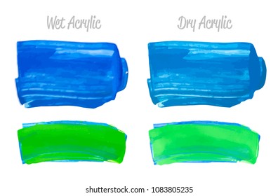 Vector blue and green paint smear stroke stain set. Abstract acrylic textured art illustration. Acrilyc Texture Paint Stain Illustration. Hand drawn brush strokes vector elements. Acrilyc strokes.