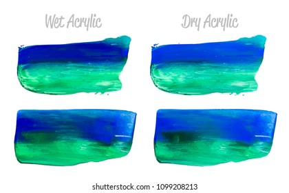 Vector blue and green paint smear stroke stain set. Abstract acrylic textured art illustration. Acrilyc Texture Paint Stain Illustration. Hand drawn brush strokes vector elements. Acrilyc strokes.