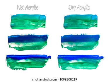Vector blue and green paint smear stroke stain set. Abstract acrylic textured art illustration. Acrilyc Texture Paint Stain Illustration. Hand drawn brush strokes vector elements. Acrilyc strokes.