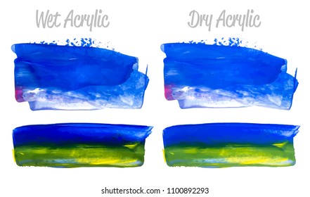 Vector blue and green paint smear stroke stain set. Abstract acrylic textured art illustration. Acrilyc Texture Paint Stain Illustration. Hand drawn brush strokes vector elements. Acrilyc strokes.