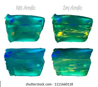 Vector blue and green paint smear stroke stain set. Abstract acrylic textured art illustration. Acrilyc Texture Paint Stain Illustration. Hand drawn brush strokes vector elements. Acrilyc strokes.