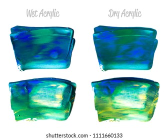 Vector blue and green paint smear stroke stain set. Abstract acrylic textured art illustration. Acrilyc Texture Paint Stain Illustration. Hand drawn brush strokes vector elements. Acrilyc strokes.