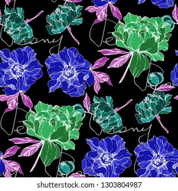 Vector Blue and green peony floral botanical flower. Wild spring leaf wildflower isolated. Engraved ink art. Seamless background pattern. Fabric wallpaper print texture.