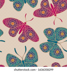 Vector Blue Green Pink Purple Butterflies with Floral Wings on Beige Background. Background for textiles, cards, manufacturing, wallpapers, print, gift wrap and scrapbooking.
