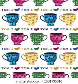 Vector Blue Green Pink Yellow Tea Cups Mugs on White Seamless Repeat Pattern