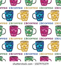 Vector Blue Green Pink Yellow Coffee Cups Mugs on White Seamless Repeat Pattern