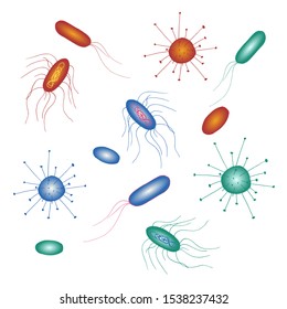 Vector blue, green, red bacteria and viruses set isolated on white. Cartoon medical illustration