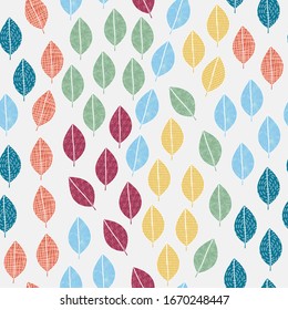 Vector azul verde naranja rojo hojas amarillas en fondo blanco. Patrón de repetición sin problemas. Antecedentes para textiles, tarjetas, manufactura, papel pintado, papel, envoltura de regalo y reserva de chatarra.