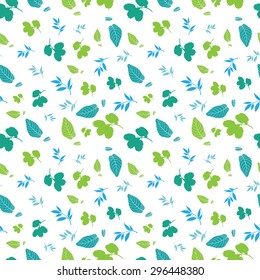 Vector Blue Green Spring Leaves Silhouettes Seamless Pattern