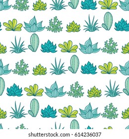 Vector Blue Green Stripes Seamless Repeat Pattern With Growing Succulents and Cacti In Pots. Trendy tropical design for textile, fabric, packaging, backdrops, wallpaper.