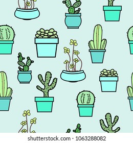 Vector blue green succulent doodle texture  seamless pattern background. Great as a textile print, party invitation or packaging.