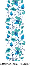 Vector blue green swirly flowers vertical border seamless pattern background