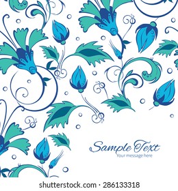 Vector blue green swirly flowers frame corner pattern background