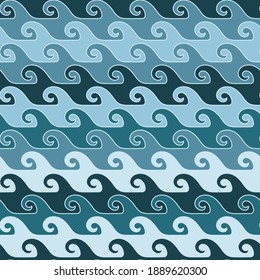 Vector blue green waves lines seamless pattern print background.