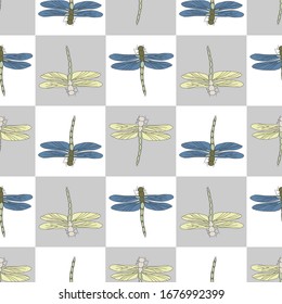 Vector Blue, Green and Yellow Dragonflies on White and Gray Squares Seamless Repeat Pattern. Background for textiles, cards, manufacturing, wallpapers, print, gift wrap and scrapbooking.