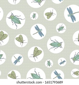 Vector Blue, Green and Yellow Insects in White Circles on Green Background Seamless Repeat Pattern. Background for textiles, cards, manufacturing, wallpapers, print, gift wrap and scrapbooking.