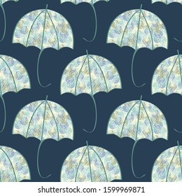 Vector Blue, Green, Yellow Printed Umbrellas on Blue Background Seamless Repeat Pattern. Background for textiles, cards, manufacturing, wallpapers, print, gift wrap and scrapbooking.