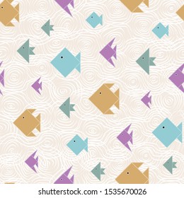 Vector Blue, Green, Yellow, Purple Fish on Beige Background Seamless Repeat Pattern. Background for textiles, cards, manufacturing, wallpapers, print, gift wrap and scrapbooking.
