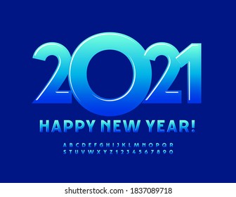 Tarjeta de felicitación azul vectorial ¡Feliz Año Nuevo 2021! Color del degradado Tipo de letra. Letras y números de alfabeto creativos