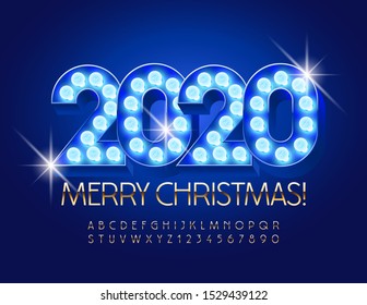 Vector blue greeting card Merry Christmas 2020 with electric lamps. Golden elegant Font. Chic Uppercase Alphabet Letters and Numbers