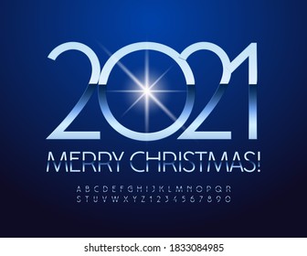 Vector blue greeting card Merry Christmas 2021! Metallic chic Font. Silver luxury Alphabet Letters and Numbers set